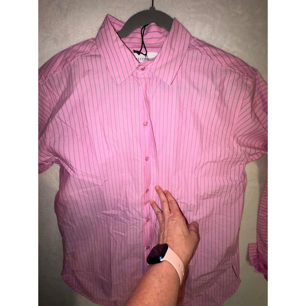 Self Contrast Pink Striped Back Cutout oversized Button Down Shirt 100% Cotton - Picture 9 of 9